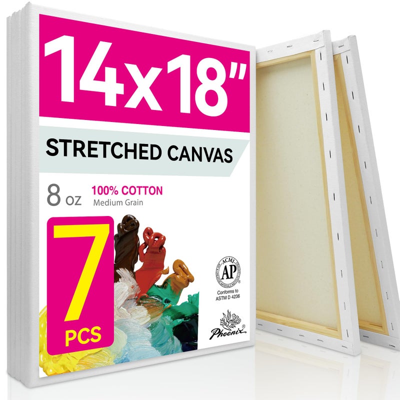 PHOENIX Large Stretched Canvas for Painting 14x18 Inch/7 Value Pack, 8 Oz Triple Primed 5/8 Inch Profile 100% Cotton White Blank Canvas, Large Framed Canvas for Oil Acrylic & Pouring Art - Image 1
